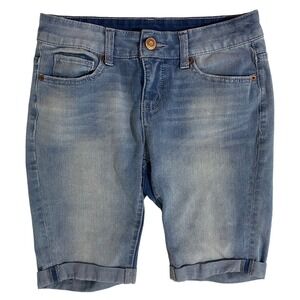 Time and Tru Jean Bermuda Shorts Size 4 Blue Whiskered Cuffed Stretchy Summer